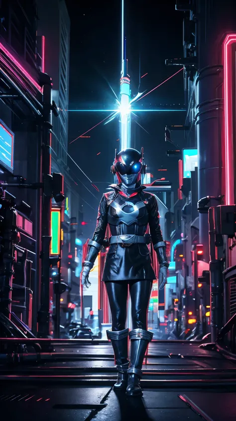 ranger girl running through a cyberpunk city