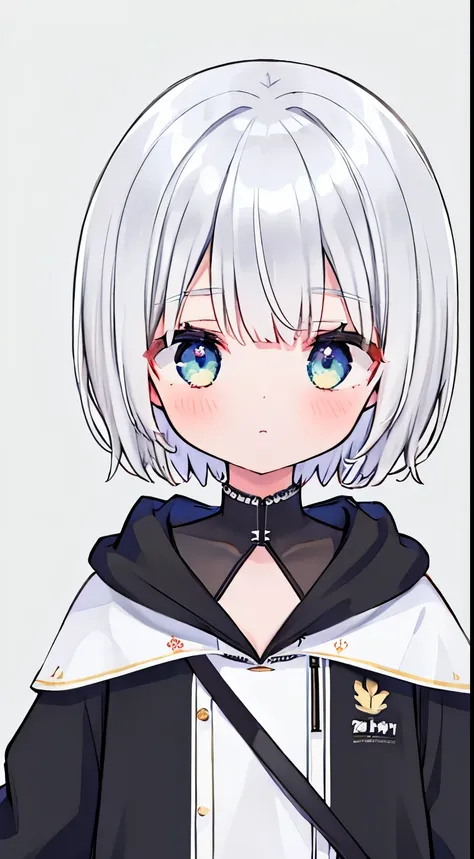 ((high quality,8k,best image quality,))From front,girl 1,cute,silver hair,short hair,gray background,short hair,black hoodie,upper body only