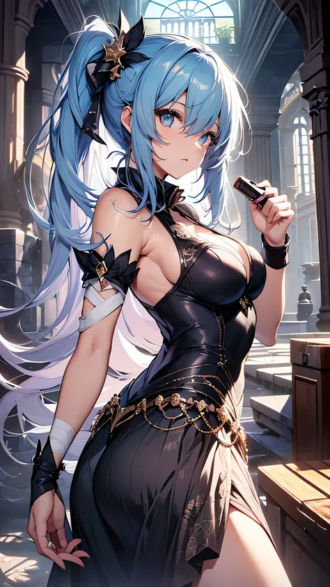 最high quality、best image quality、masterpiece、girl((20-year-old、 By becoming、vest bust、medium bust,wide open breast tea、shining eyes, light blue hair、long hair、thin,highest valley、ponytail、action of looking up、bandage、black dress、long skirt、Rear view、emphas...