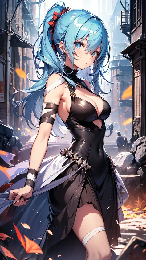 最high quality、best image quality、masterpiece、girl((20-year-old、 By becoming、vest bust、medium bust,wide open breast tea、shining eyes, light blue hair、long hair、thin,highest valley、ponytail、action of looking up、bandage、black dress、long skirt、Rear view、emphas...