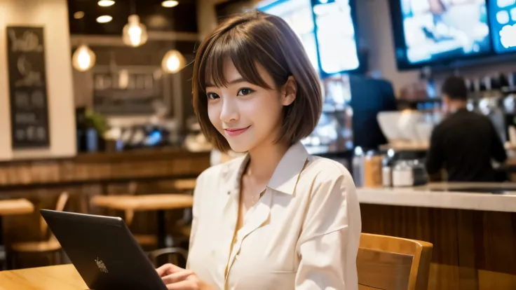 ((最high quality, 8k, masterpiece: 1.3)), perfect face,Inside a stylish cafe in New York、A scene in which a beautiful model-like woman with big breasts is drinking a latte and studying on a laptop.,All around you, you can see other customers enjoying their ...