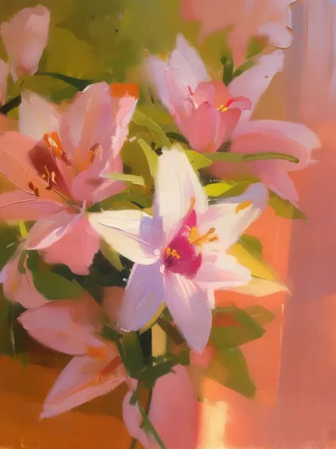 there are many pink 花s that are growing in the garden, lily, pink petals, oil painting style，oil paint strokes，Tasteful tones，Sunlight