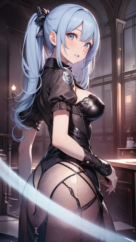 最high quality、best image quality、masterpiece、girl((20-year-old、 By becoming、vest bust、medium bust,wide open breast tea、shining eyes, light blue hair、long hair、thin,highest valley、ponytail、action of looking up、bandage、black dress、long skirt、Rear view、emphas...