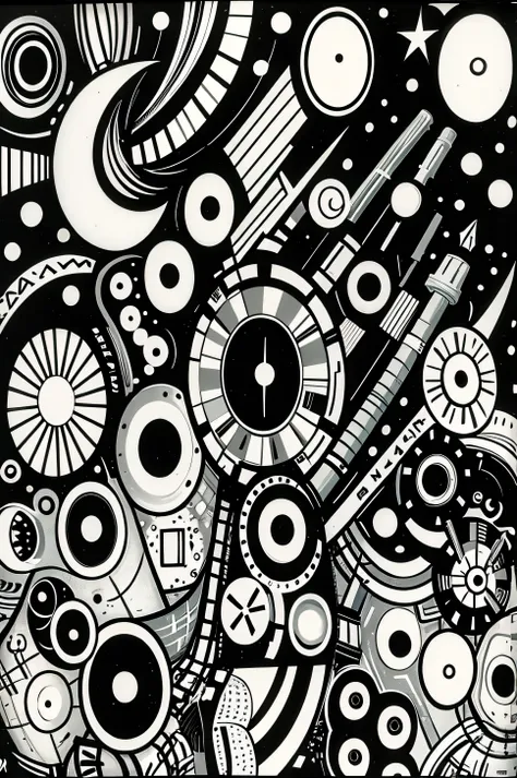 Black and white drawing of a space station with a rocket, planet, and other objects, black and white vector art, Complex galactic design, Detailed ink illustration, Background Space Graphic Art, Ink Artwork, highly Detailed ink illustration, graffiti art, ...