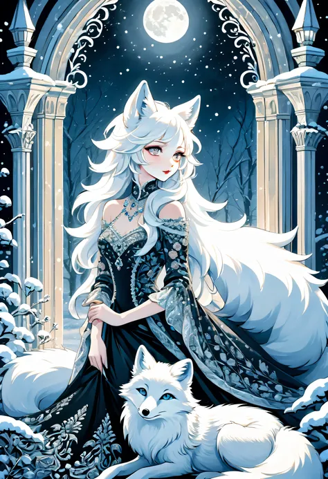 Arctic fox aesthetic illustration oil painting, mysterious atmosphere, Elegant atmosphere and intricate details, dim moonlight, Elegant feminine atmosphere with delicately patterned fur fox, A scolding gaze, looking from the side, Delicate beauty with high...