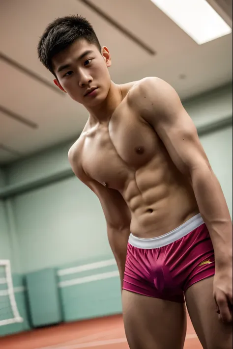 Close up picture of a young muscular Chinese badminton player man ,wearing only shorts with huge bulge, wearing no shirt, shirtless, cross arms, arms crossed pose, standing and looking into the camera with a serious expression on his face, a badminton rack...