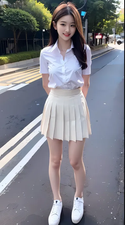 Perfect beautiful woman 20 years old, slender shape, student uniform, standing in the city, short skirt, white skin, perfect body, sexy