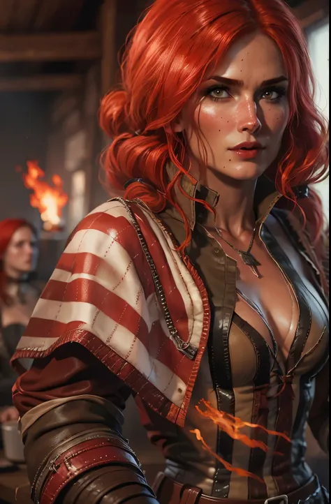 a portrait of tr1ss with fire out of her hands wearing a red and white striped top with a leather cape in a tavern, red hair, ho...