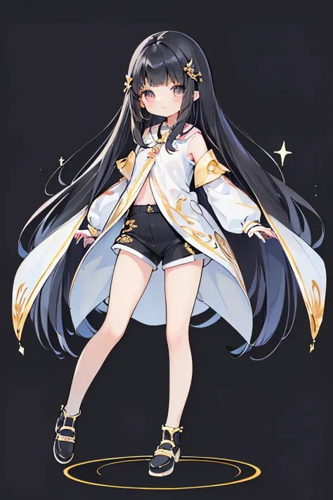 highest quality、full body figure、black hair、straight hair、long hair、()、(可愛いpetiteな女の子、、12 year old girl:1.5)、clear、Ladylike、Lady、(shorts:1.5)、Mature look、smile