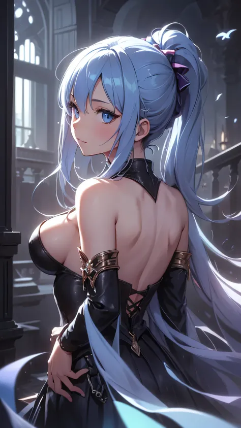 最high quality、best image quality、masterpiece、girl((20-year-old、 By becoming、vest bust、medium bust,wide open breast tea、shining eyes, light blue hair、long hair、thin,highest valley、ponytail、action of looking up、bandage、black dress、long skirt、Rear view、emphas...