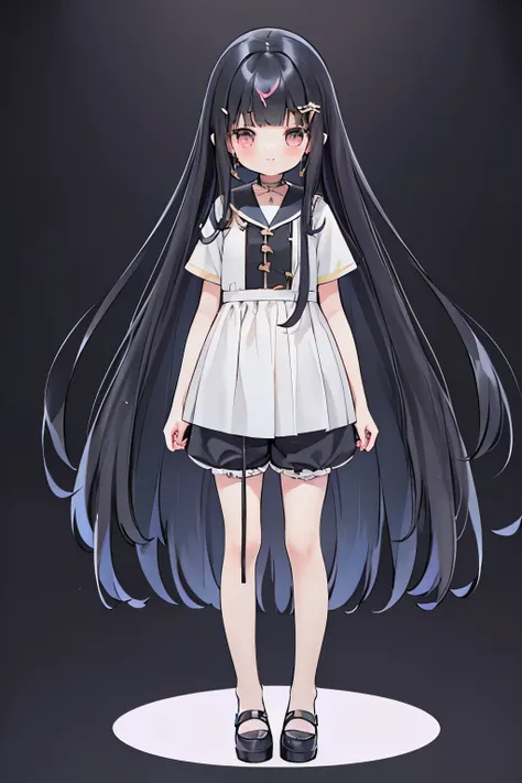 highest quality、full body figure、black hair、straight hair、long hair、()、(可愛いpetiteな女の子、、12 year old girl:1.5)、clear、Ladylike、Lady、(culottes、shorts:1.5)、Mature look、smile