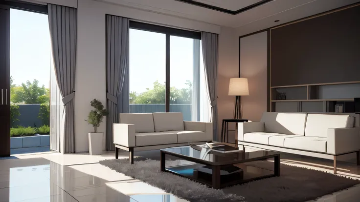 you are a famous interior designer、I was asked to create a 3D image of a large modern room.。. Create a harmonious environment with modern and minimalist furniture. Including garden interior.