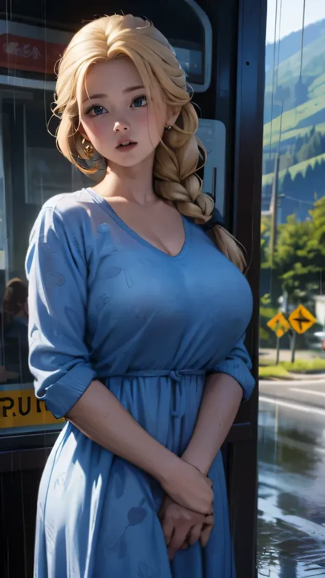 eyes realistic sizing, realistic skin, round face, (various pattern casual dress), old bus stop deep in the mountains, (showing off pubic hair), blond long hair, braid, (in the heavy rain), road,