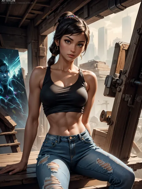 Korra with the face of zendaya ,sitting on some stairs, ripped jeans, tank top, upshirt, ((pulls up her shirt)) , slightly muscular, Beautiful realistic waifu style girl, hyperdetailed painting, luminism, art by Carne Griffiths and Wadim Kashin concept art...