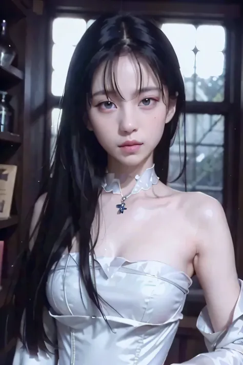 ８ｋ、High resolution、Kanban Lady、beautiful girl、gothic costume、young、white skin,、narrow eyes,high nose,lighting that illuminates the face、clear image、intellectual beauty、skinny、no makeup、anxious look、lighting that illuminates the face,shining hair、single eye...