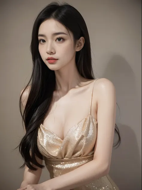 Chinese girl wearing light beige low-cut dress，Pure dark gray background，good body，exquisite facial features，Very temperamental，Silky long dress