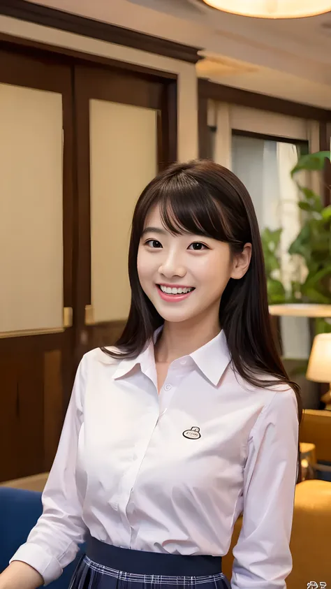 highest quality, aster piece, 8k, ultra high resolution, (Photoreal:1.4), 1 girl, beautiful features, symmetrical eyes, thin japanese woman, 30 years old, small breasts, thin waist, high school uniform, look at the audience, (Inside the hotel:1.2), View fr...