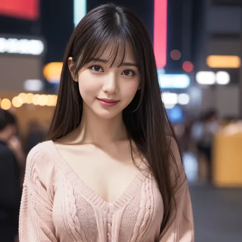 (highest quality、table top、8k、best image quality、Award-winning work)、one beautiful woman、25 years old、perfect dynamic composition、big and full breasts、[clavicle]、(bangs:1.1)、(Bright red thick V-neck knit:1.1)、(Knit that fits perfectly to the body:1.1)、(per...