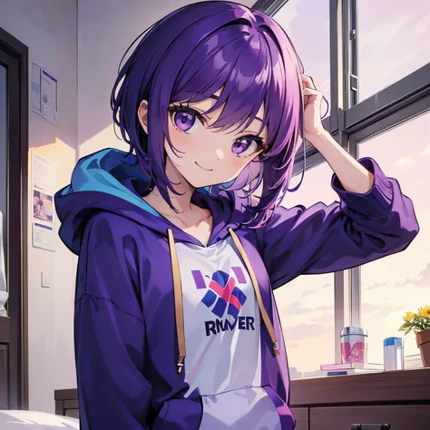 (T Masterpiece，4k wallpaper，best quality))、((girl１people))、(solo)、Shining and vivid，(purple hair)、(shortcut:1.3)、smile、Bedroom、hoodie、morning