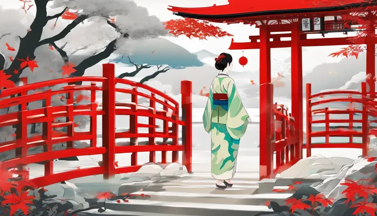 Inside the maple leaves、Landscape with vermilion torii gate、noon、white deer in the distance、woman wearing kimono