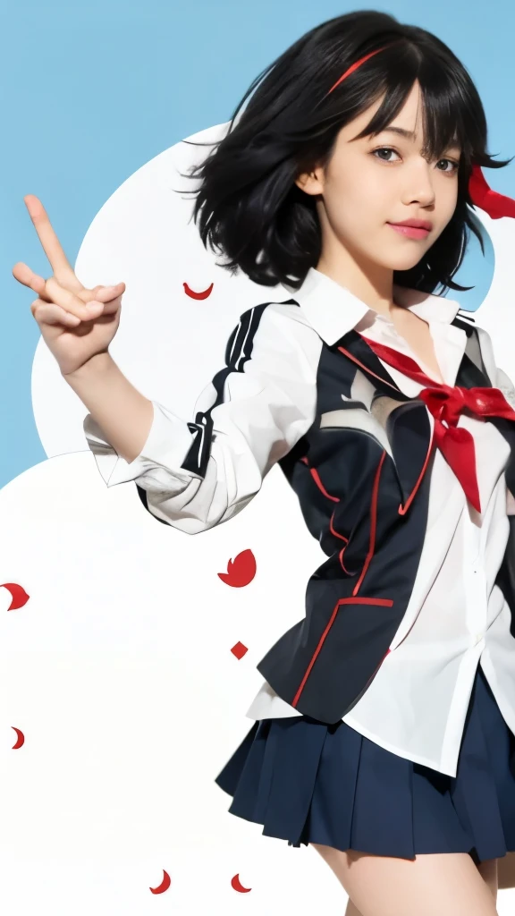 anime girl in a school uniform with a red bow, attractive matoi ryuko, ryuko matoi, 2 d anime style, with index finger, anime visual of a cute girl, anime cover, official art, kill la kill illustration, otaku gangasta, 2 d anime, anime moe artstyle, kill l...