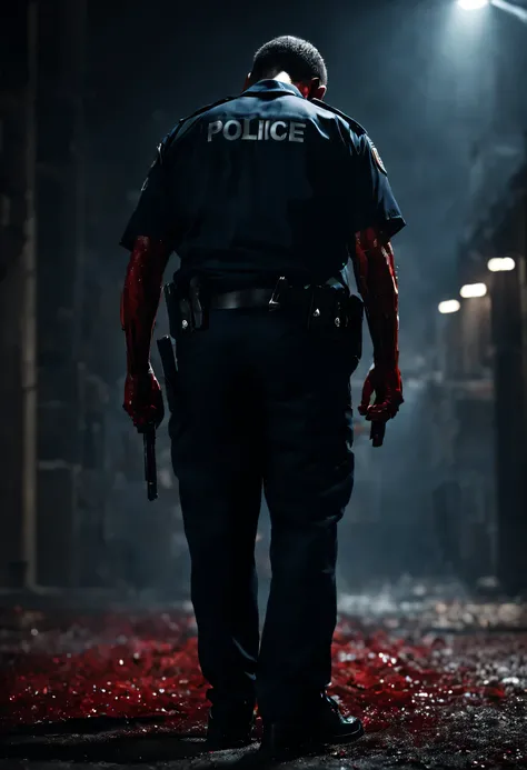 Um policial de costas, with head down, em um ambiente urbano escuro, com seu uniforme manchado de sangue. Das sombras, hundreds of hands point index fingers at the police officer. high resolution image, ultra-detalhado, cinematic image.