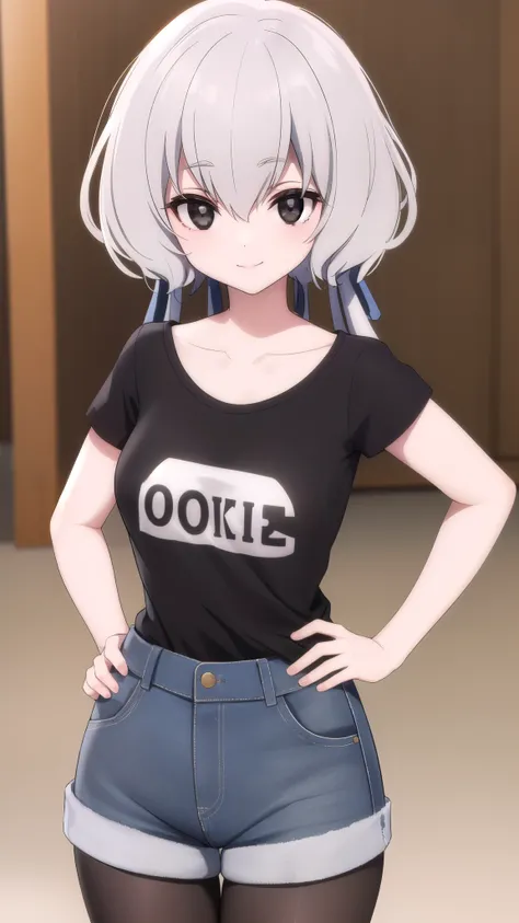 (masterpiece), best quality, high resolution, extremely detailed, detailed background, perfect lighting,junko konno, low twintails, (black eyes:1.5), twintails, white hair, (t-shirt:1.5), denim shorts, pantyhose, collarbone, light smile, joyful eyes, cute ...