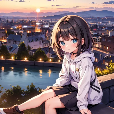 Oh, sweet sweet anc cute cute cute !!! a girl sitting on a hill watches the sunset over the city.