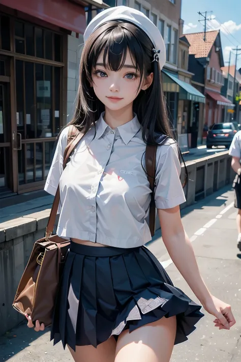 very cute and beautiful girl,(highly detailed beautiful face), (smile:1.2),blush,black hair,standing,serafuku,pleated navy blue mini skirt,from below,(white panties, summer,school rooftop,building,chain-link fence, (best quality,masterpiece:1.2),absurdres,...