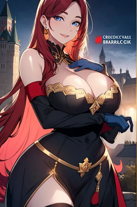 Lian, red hair, hair stick, bangs, blue eyes, solo, smiling, standing, upper body, hips, bare shoulders,purple thighhighs, black dress, gold jewelry,armor,gloves,circlet, cleavage, red and gold royal castle, gigantic breasts, (best quality, masterpiece, be...