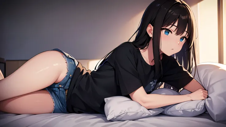 Rin Shibuya, lying on a bed, sleeping face, sound asleep, long black hair, casual attire, blue jersey, long pants, (best quality, 4k, 8k, highres, masterpiece:1.2), professional, ultra-detailed, realistic, at home, detailed bedroom, (vivid colors, color gr...