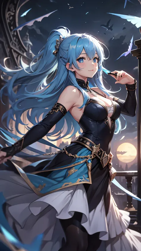 最high quality、best image quality、masterpiece、girl((20-year-old、 By becoming、vest bust、medium bust,wide open breast tea、shining eyes, light blue hair、long hair、thin,highest valley、ponytail、action of looking up、full body bandage、black dress、long skirt、smile、...