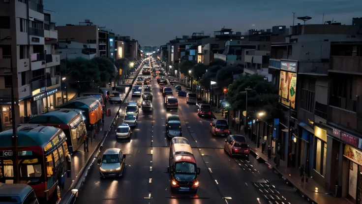 Imagine a hyper-realistic image of a busy road at night. showing buses in an african mega city. It is night and everywhere is very dark and the buses have their lights on. In an african mega city. All are africans.