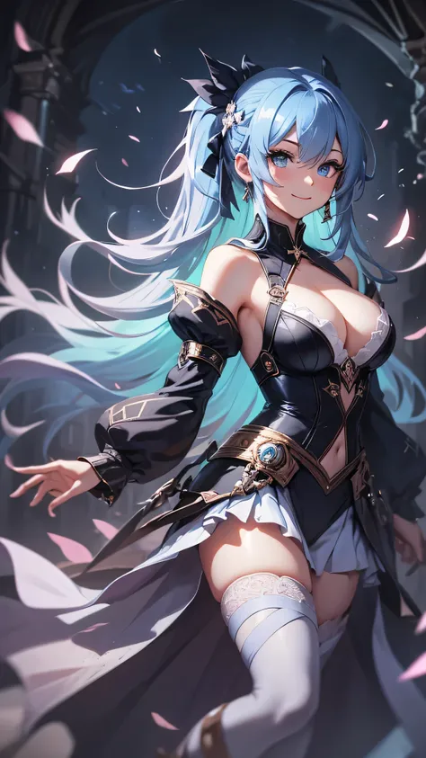 最high quality、best image quality、masterpiece、girl((20-year-old、 By becoming、vest bust、medium bust,wide open breast tea、shining eyes, light blue hair、long hair、thin,highest valley、ponytail、action of looking up、full body bandage、black dress、long skirt、smile、...