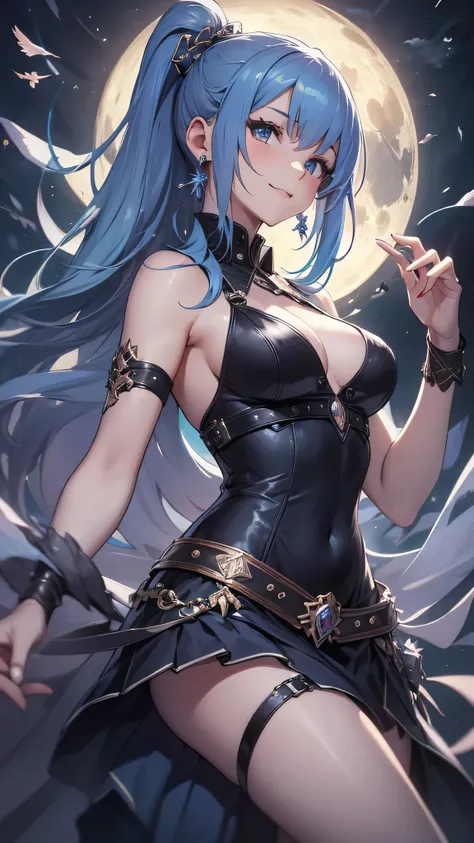 最high quality、best image quality、masterpiece、girl((20-year-old、 By becoming、vest bust、medium bust,wide open breast tea、shining eyes, light blue hair、long hair、thin,highest valley、ponytail、action of looking up、full body bandage、black dress、long skirt、smile、...