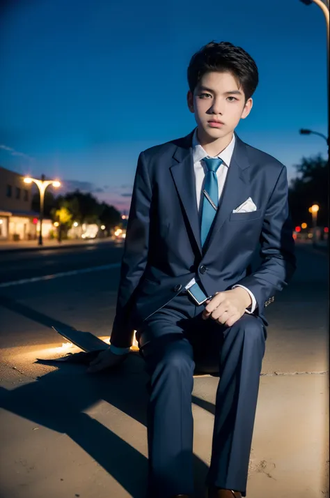 a 15 years old boy wear a tie with blue or black suit sitting on the street lamp