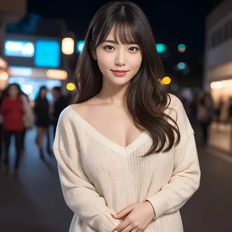 (highest quality、table top、8k、best image quality、Award-winning work)、one beautiful woman、25 years old、perfect dynamic composition、big and full breasts、[clavicle]、(bangs:1.1)、(Bright red thick V-neck knit:1.1)、(Knit that fits perfectly to the body:1.1)、(per...