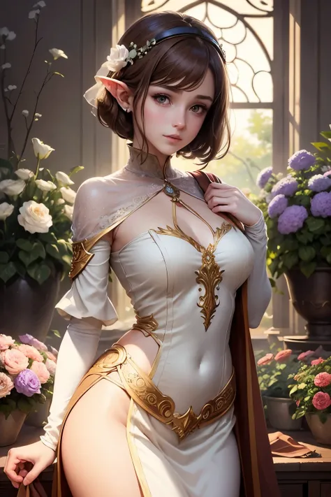 Official Art, Masterpiece European female, elvish, short hair, pale brown hair , brown eyes, (​masterpiece、top-quality、hight resolution: 1.4),in 8K, Drawing of a woman with short pale brown hair, Anime Art Nouveau, highly detailed exquisite fanart, anime f...