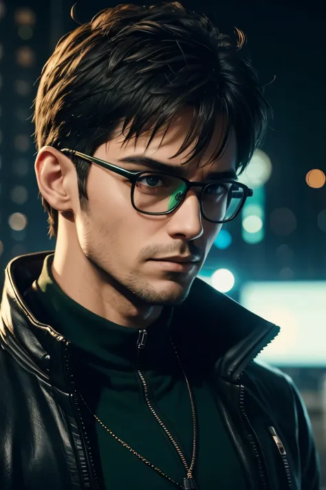 cyberpunk guy, green lights, soft green background, wearing glasses, bokeh, beside, looking away