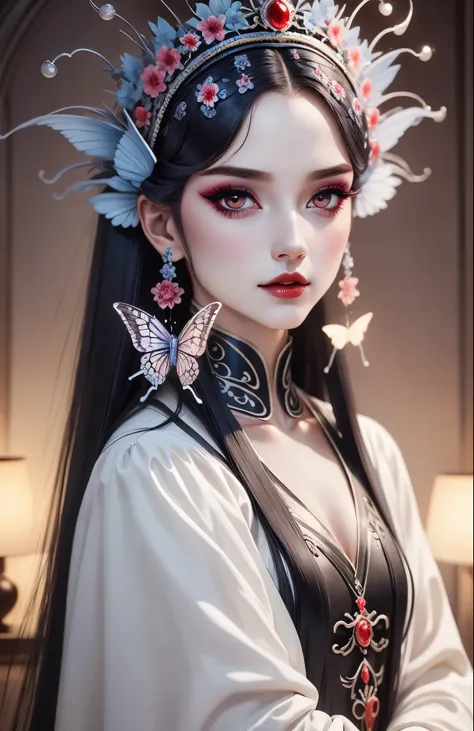 character table, official art, concept art, gothic style, butterfly on hair, long white hair, dark makeup, red eyes, Many details，clean background