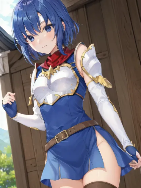 Katria_nm, cute, blue hair, short hair, blue eyes, cute, thin waist, small, Tight, medium breasts, bare shoulders, red neckerchief, blue elbow gloves, blue fingerless gloves, shoulder armor, belt, breastplate, white headband, short dress, dress slit, blue ...