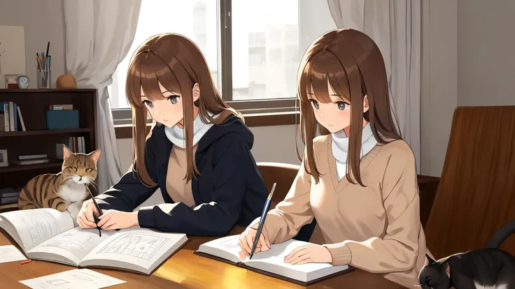 
A tall slender brown-haired girl studying while drawing with a pencil on a notebook in her room　student　　There are also several cats　rain