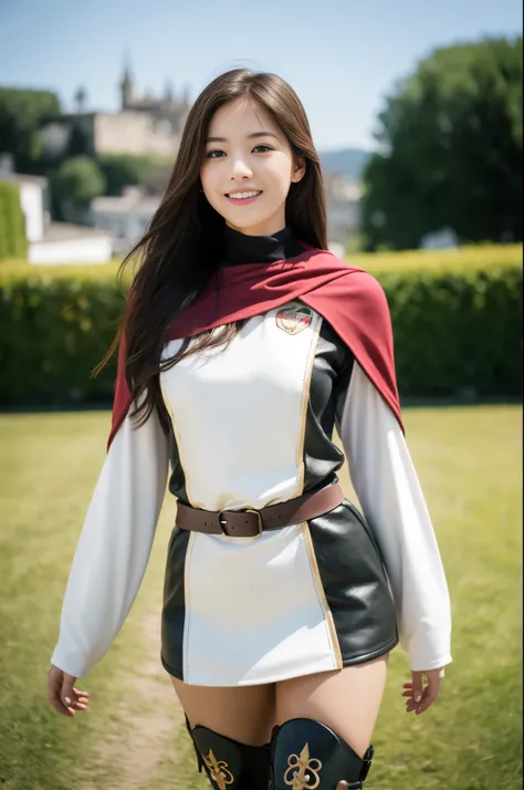 (((knight tabard))),(((Emblem))), (((standing))),(((hunting boots))),(((bare inner thigh))), ulzzang-6500-v1.1, (Raw photo:1.2), (Photo realistic:1.4), a beautiful detailed girl, extremely detailed eye and face, beautiful detailed eyes, ultra-detailed, Hig...