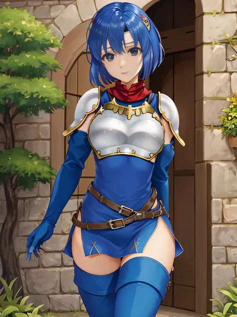 Katria_nm, cute, blue hair, short hair, blue eyes, cute, thin waist, small, Tight, medium breasts, bare shoulders, red neckerchief, blue elbow gloves, blue fingerless gloves, shoulder armor, belt, breastplate, white headband, short dress, dress slit, blue ...