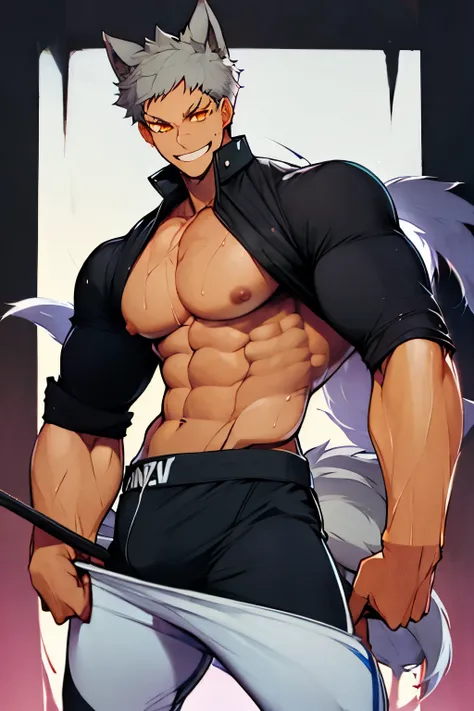 A young man who does bodybuilding. He has wolf ears and a tail. He has short silver hair. He has yellow eyes. He is masculine. He is tall. He has dark skin. He is muscular. He smiles cool. He has a big, strong cock. He is completely naked and wears a black...