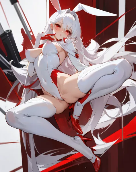 Masterpiece, perfect face, sexy body, woman, long hair, white hair, red eyes , bunnysuit, high heels, thigh highs, nsfw