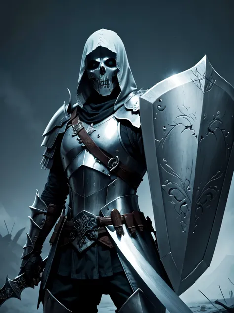 Ghost warrior(undead) with armor and sword and shield, thirsty