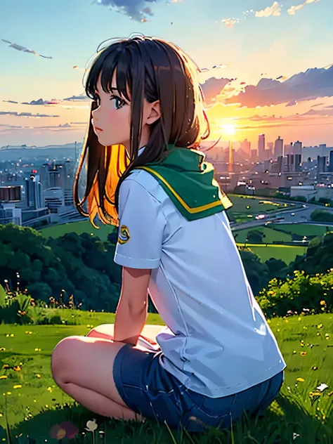 oh, sweet sweet anc cute cute cute !!! a girl sitting on a hill watches the sunset over the city.