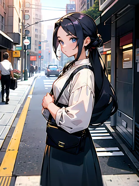 1female, adult, long hair, dress, hair tied back, purse, sidewalk, road, city