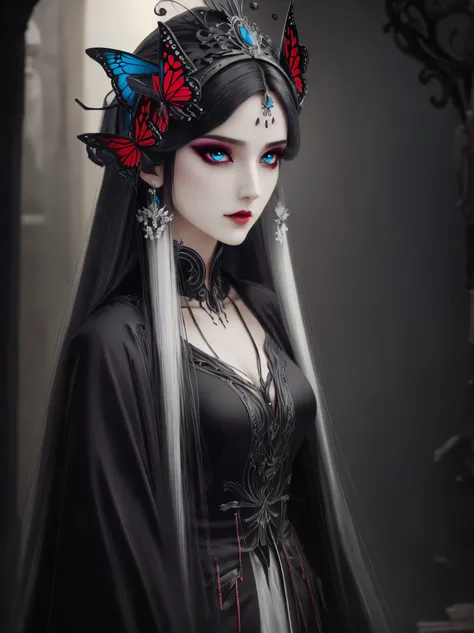 character table, official art, concept art, gothic style, butterfly on hair, long white hair, dark makeup, red eyes, Many details